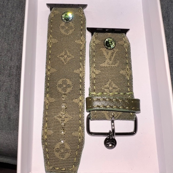 Upcycled authentic Louis Vuitton olive green mini Lin with logo Apple Watch band - Picture 1 of 4